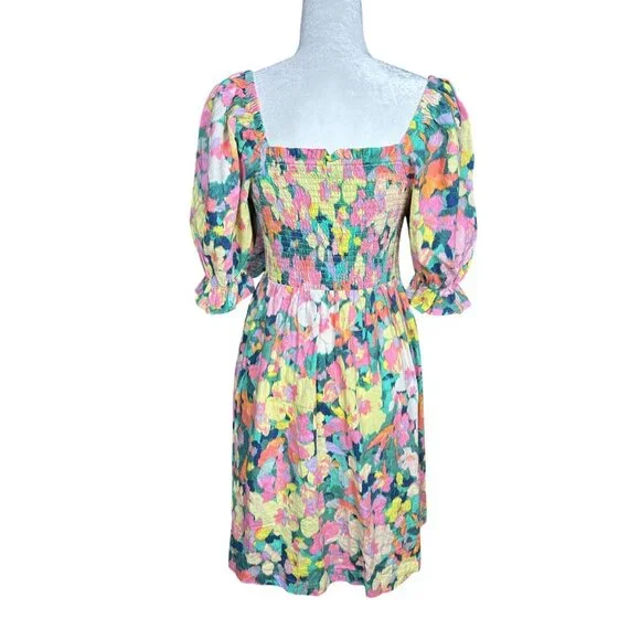 GAP Floral Smocked Dress Medium‎ Linen Cotton Puff Sleeve Colorful Party Cottage - Picture 8 of 13